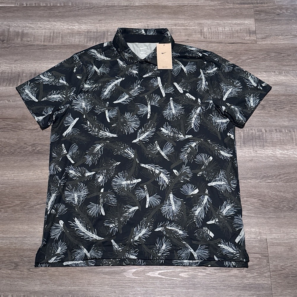 NEW Nike Tour Men's Size XL Black Dri-Fit Pine Print Golf Polo Shirt